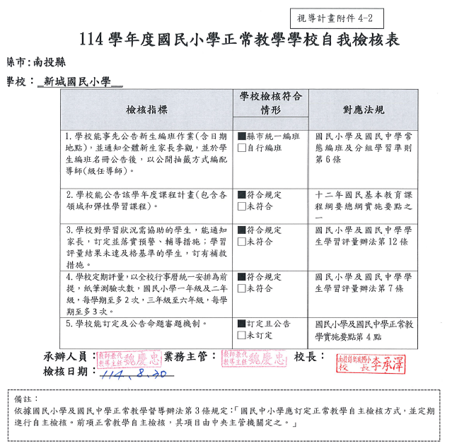 114正常教學學校自我檢核表