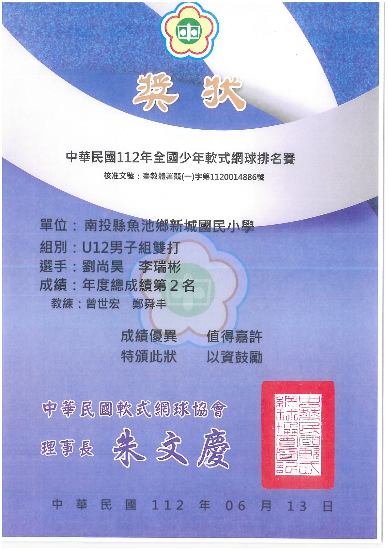 中華民國112年全國少年軟式網球排名賽，U 12男子雙打，年度總成績第二名